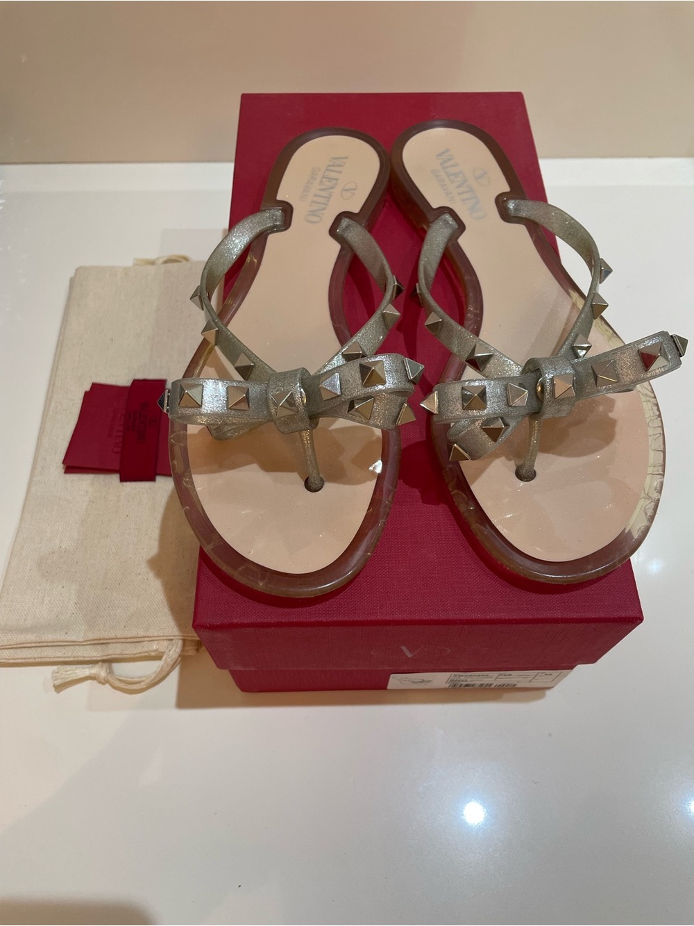 Valentino Metallic Silver Rockstud Thong Sandals